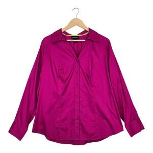 Lane Bryant Blouse Size 18 Pink Fuchsia Button Front Fitted Stretch Top